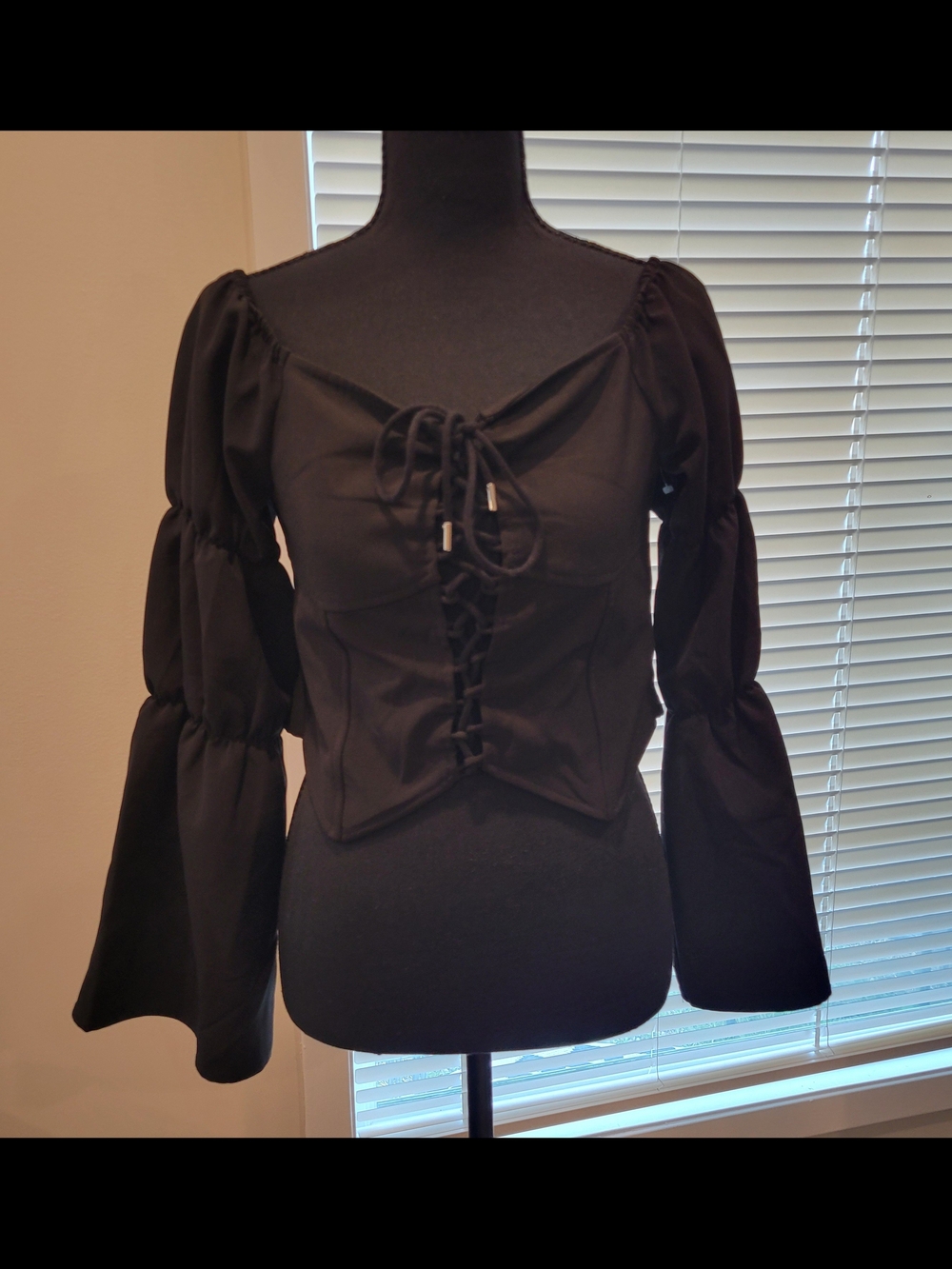 Maniere De Voir Black Lace-Up Peasant Sleeve Blouse